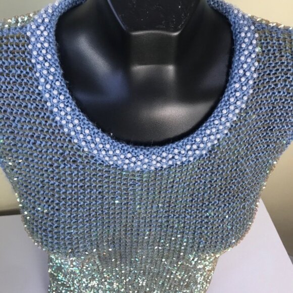 Mac & Jac Vintage Y2K Sleeveless Sweater Beads Sequins Metallic Top Blue Preppy - Picture 11 of 14